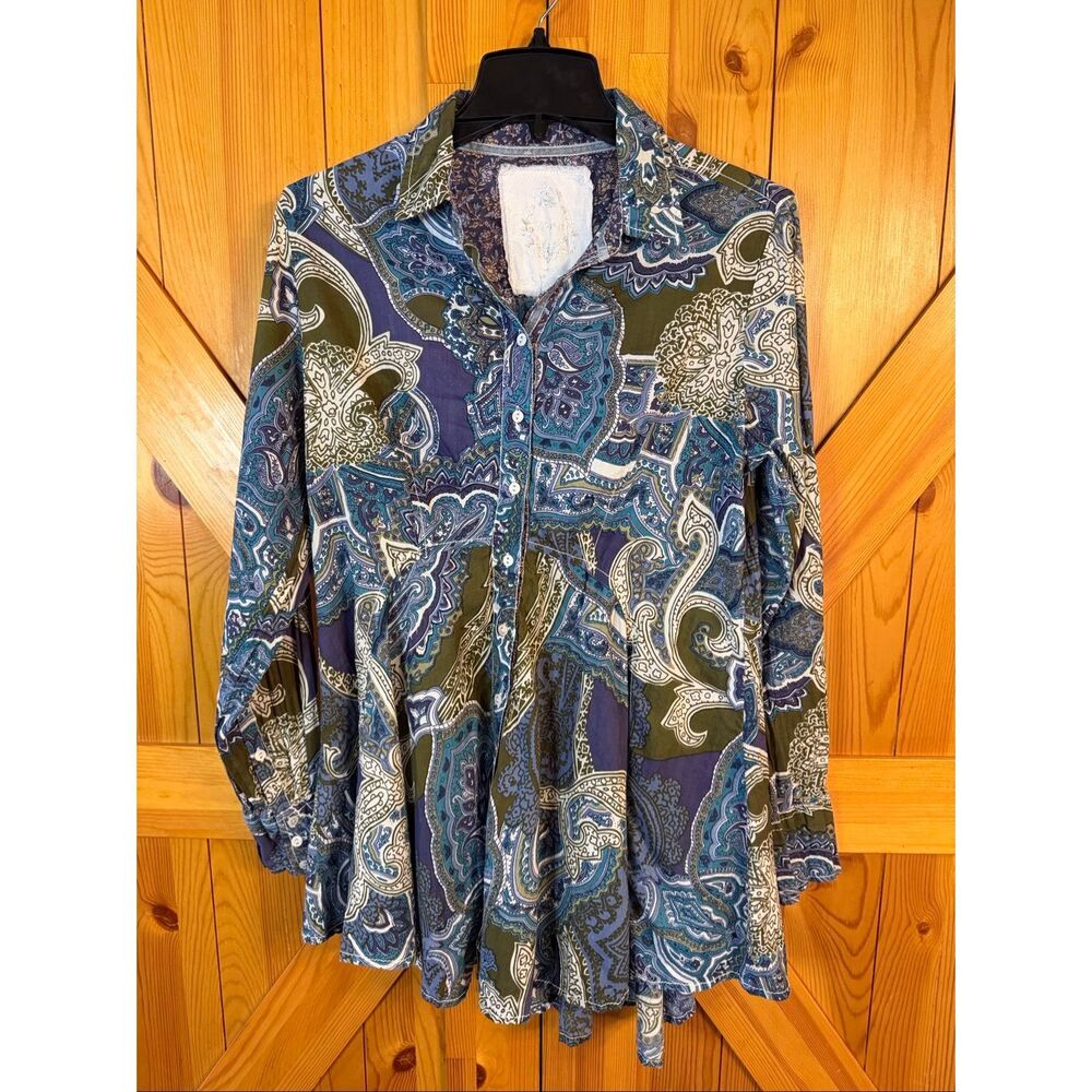 Cino Blue Green Paisley Crinkled 100% Cotton Button Up Boho Tunic Top Size (7438